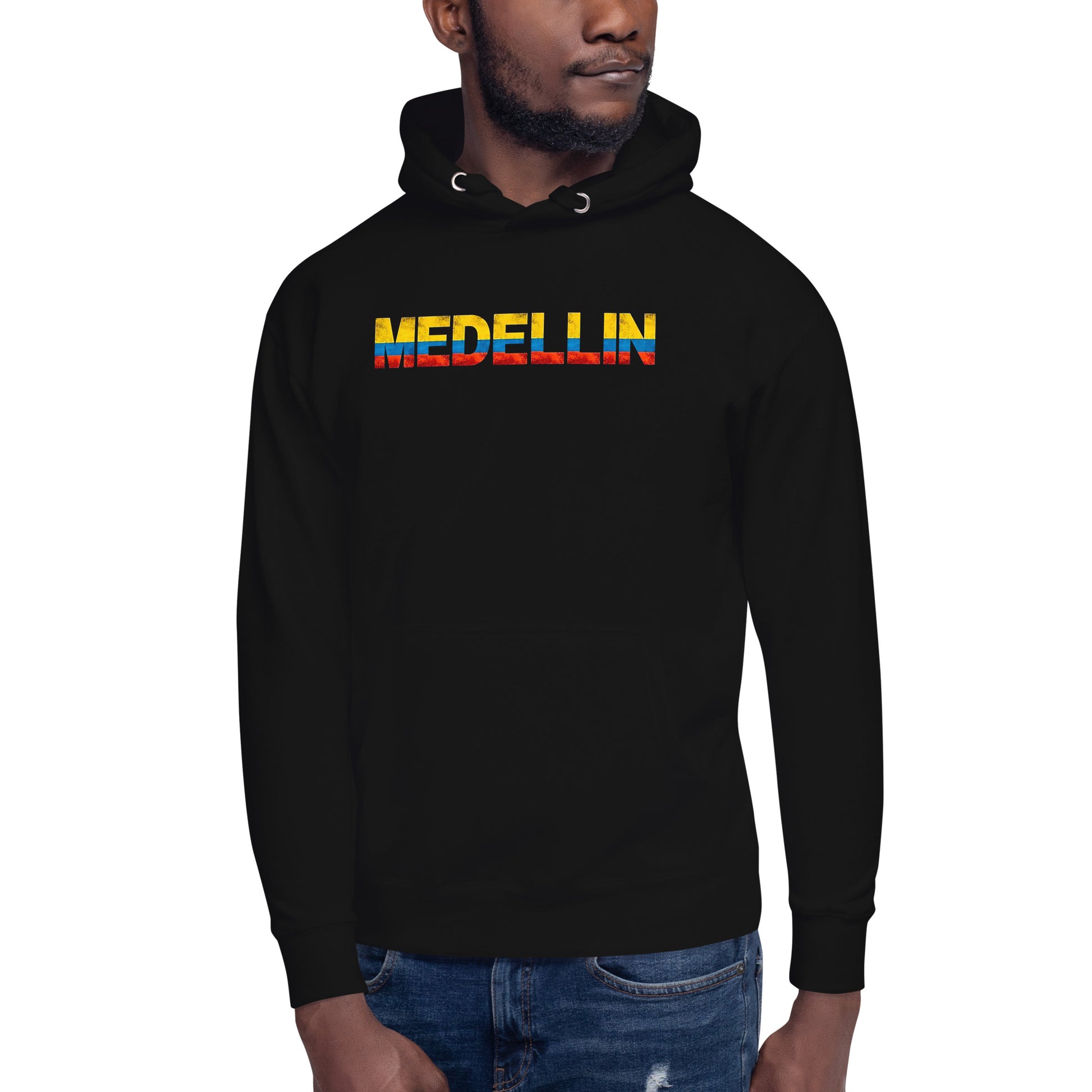 Sudadero con capucha Medellín Col: el emblema de orgullo colombiano con calidad excepcional y estampado que resiste el paso del tiempo.